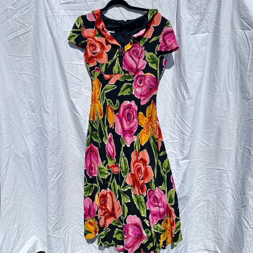 Vintage 90s Floral 100% Silk Midi Dress with Floral Rosette Bias Cut